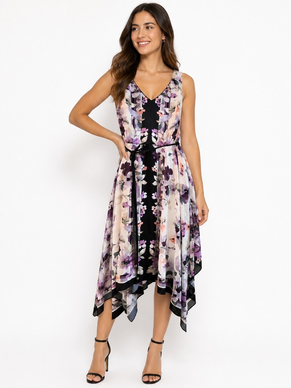 White House Black Market Purple and Black Floral High-Low Dress